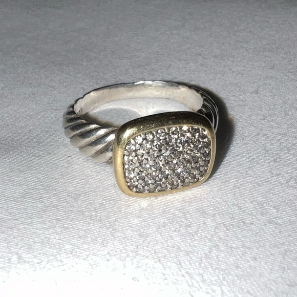 David Yurman Two-Tone Yellow Gold Diamond Cable Noblesse Cocktail Ring Silver - Picture 3 of 13